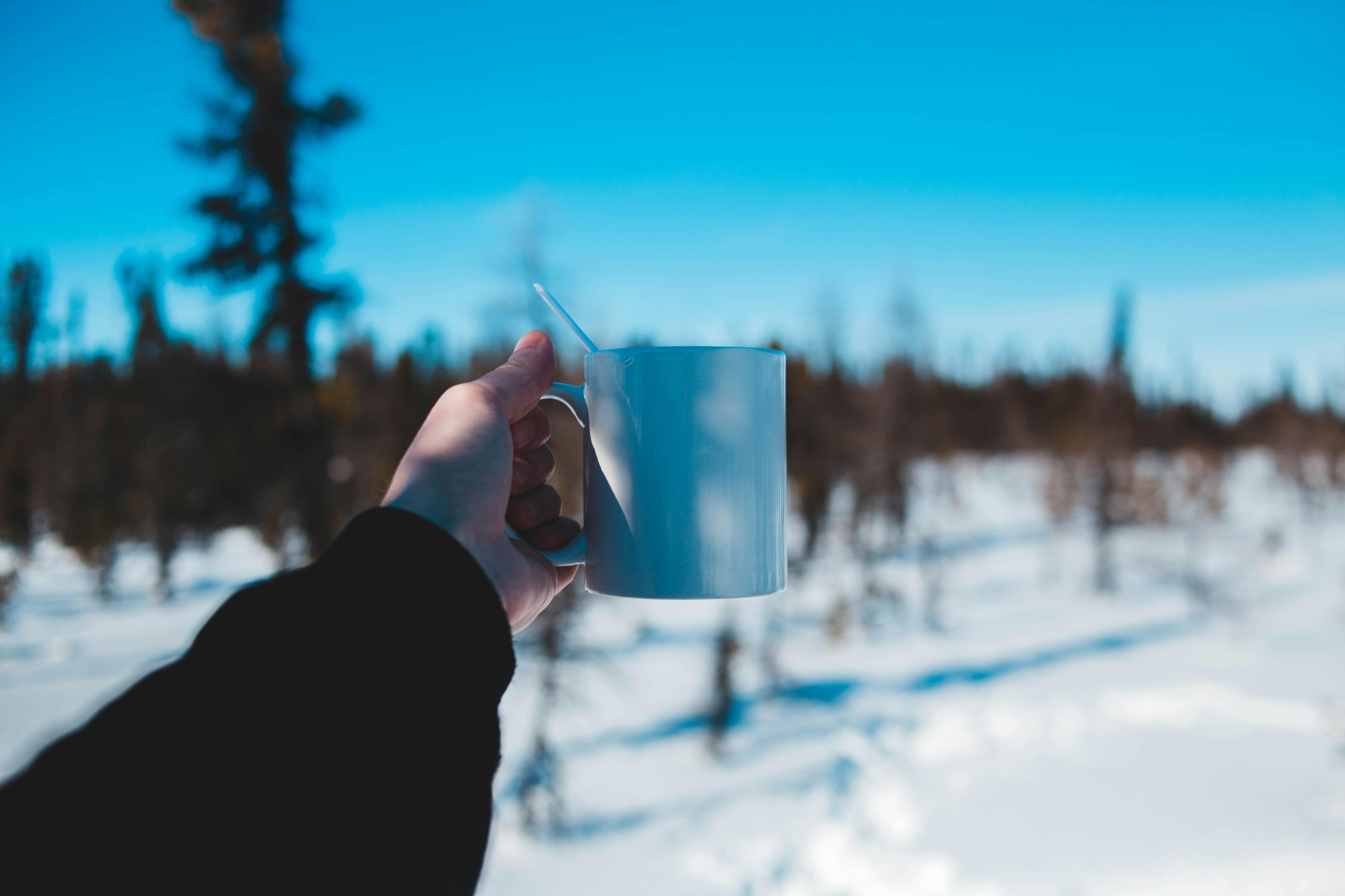 雪景色の中の、暖かい飲み物が入ったコップの写真